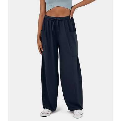 Women's Drawstring Elastic Waist Loose Fit Wide Leg Utility Palazzo Pants Pockets
