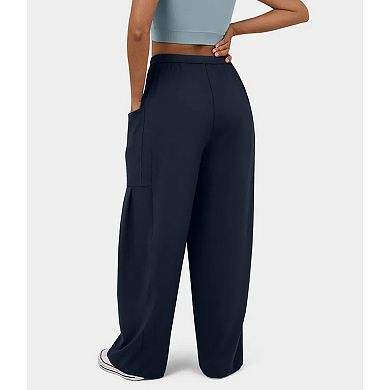 Women's Drawstring Elastic Waist Loose Fit Wide Leg Utility Palazzo Pants Pockets