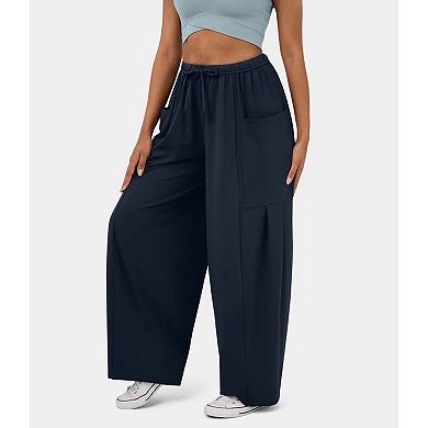 Women's Drawstring Elastic Waist Loose Fit Wide Leg Utility Palazzo Pants Pockets