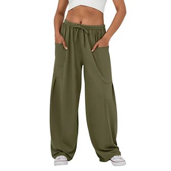 Women's Drawstring Elastic Waist Loose Fit Wide Leg Utility Palazzo Pants Pockets