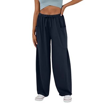 Women's Drawstring Elastic Waist Loose Fit Wide Leg Utility Palazzo Pants Pockets