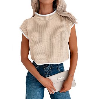 Womens Summer Cropped Sweater Vest Trendy Cap Sleeve Crop Tops Crew Neck Loose Knit Tank Top