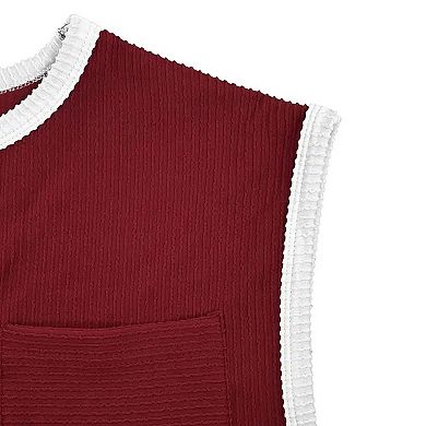 Women's Casual Loose Fit T-Shirt Ribbed Short Sleeve Top with Front Pocket