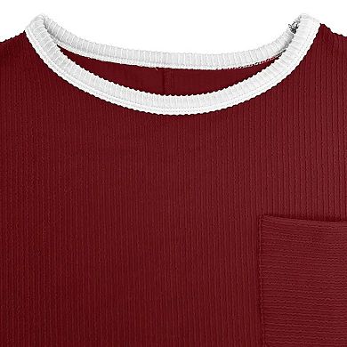 Women's Casual Loose Fit T-Shirt Ribbed Short Sleeve Top with Front Pocket