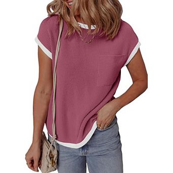 Women's Casual Loose Fit T-Shirt Ribbed Short Sleeve Top with Front Pocket