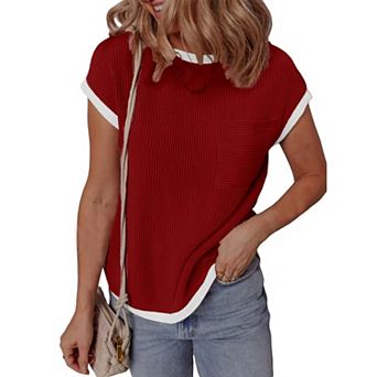 Women's Casual Loose Fit T-Shirt Ribbed Short Sleeve Top with Front Pocket