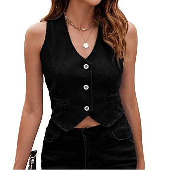 Womens Denim Vest Sleeveless V neck Suit Waistcoat Vest Cropped Tank Tops Summer Button Down Jackets