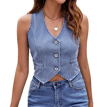 Womens Denim Vest Sleeveless V neck Suit Waistcoat Vest Cropped Tank Tops Summer Button Down Jackets