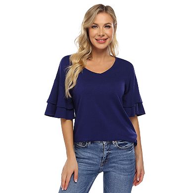 Women's Ruffle Tunic Top Casual V Neck Shirt Bell Half Sleeve Pullover Blouse Top