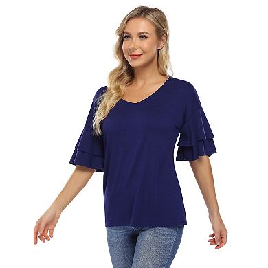 Women's Ruffle Tunic Top Casual V Neck Shirt Bell Half Sleeve Pullover Blouse Top