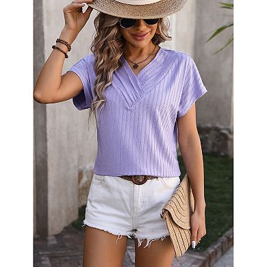 Women's Casual Short Sleeve Wrap V Neck T-Shirts Summer Trendy Solid Color Pullovers Blouses