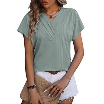 Women's Casual Short Sleeve Wrap V Neck T-Shirts Summer Trendy Solid Color Pullovers Blouses