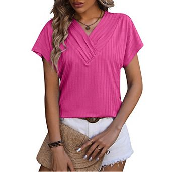 Women's Casual Short Sleeve Wrap V Neck T-Shirts Summer Trendy Solid Color Pullovers Blouses