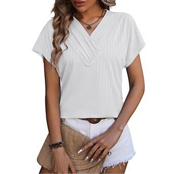 Women's Casual Short Sleeve Wrap V Neck T-Shirts Summer Trendy Solid Color Pullovers Blouses