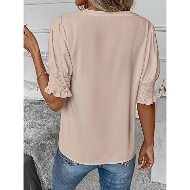 Women V Neck Shirts Short Sleeve Blouse Solid Shirred Top Work Tunic Comfy Chiffon Tee