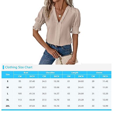 Women V Neck Shirts Short Sleeve Blouse Solid Shirred Top Work Tunic Comfy Chiffon Tee
