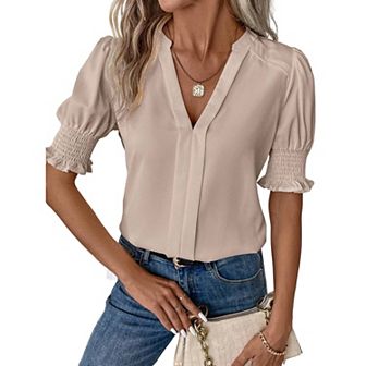 Women V Neck Shirts Short Sleeve Blouse Solid Shirred Top Work Tunic Comfy Chiffon Tee
