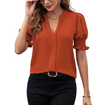 Women V Neck Shirts Short Sleeve Blouse Solid Shirred Top Work Tunic Comfy Chiffon Tee