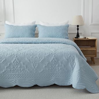 Wholinens Embroidered Damask Pattern Quilt Set 3 Pcs, Scalloped Edge Bedspread Set