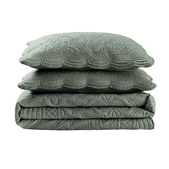 Wholinens Quilted Damask Pattern Bedspread Set 3 Pcs, Scalloped Edge