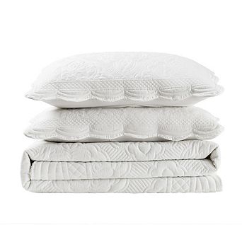 Wholinens Quilted Damask Pattern Bedspread Set 3 Pcs, Scalloped Edge