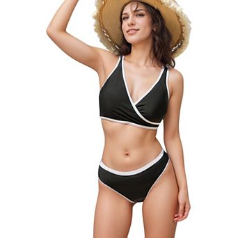 Women's Two Piece Bikini Set with Contrast Trim and Wrap Front Top