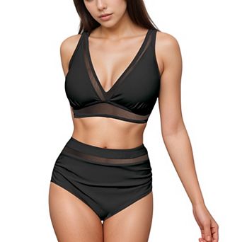 Women's Two Piece Swimsuit with Mesh Trim Deep V Neck Bikini Top and High Waisted Ruched Bottoms
