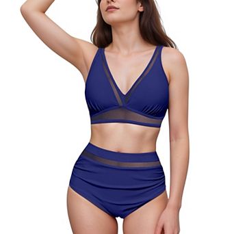 Women's Two Piece Swimsuit with Mesh Trim Deep V Neck Bikini Top and High Waisted Ruched Bottoms