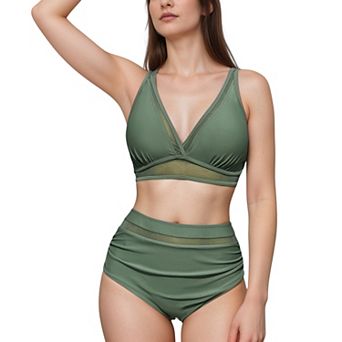 Women's Two Piece Swimsuit with Mesh Trim Deep V Neck Bikini Top and High Waisted Ruched Bottoms