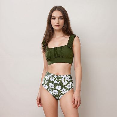 Women's Ruffle Bikini Top with Ruched Bust Detail and High Waist Leaf Print Bottom Swimsuit Set