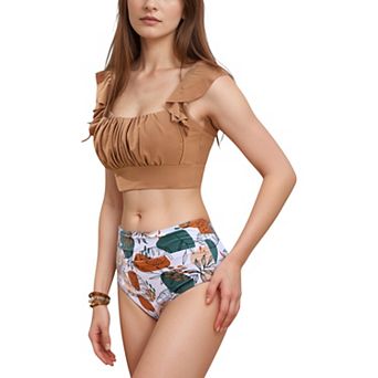 Women's Ruffle Bikini Top with Ruched Bust Detail and High Waist Leaf Print Bottom Swimsuit Set