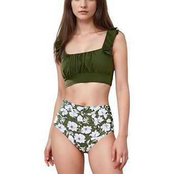 Women's Ruffle Bikini Top with Ruched Bust Detail and High Waist Leaf Print Bottom Swimsuit Set