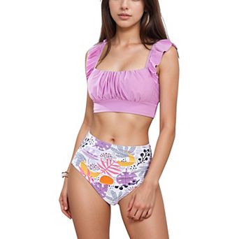 Women's Ruffle Bikini Top with Ruched Bust Detail and High Waist Leaf Print Bottom Swimsuit Set