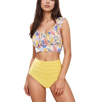 Women's Ruffle Bikini Top with Ruched Bust Detail and High Waist Leaf Print Bottom Swimsuit Set