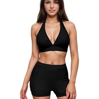 Women's Two Piece Bikini Set with Halter Triangle Top and High Waist Swim Shorts Bottom