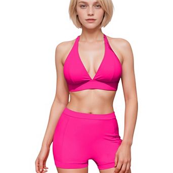 Women's Two Piece Bikini Set with Halter Triangle Top and High Waist Swim Shorts Bottom