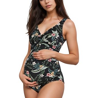 Women's Tropical Print One-Piece Maternity Swimsuit with V-Neck and Ruched Sides for Growing Belly