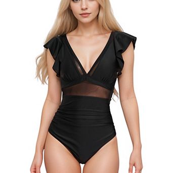 Women's One Piece Swimsuit with Mesh Waist Detail and Flutter Shoulder Straps