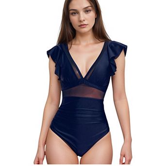Women's One Piece Swimsuit with Mesh Waist Detail and Flutter Shoulder Straps