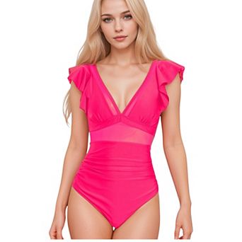 Women's One Piece Swimsuit with Mesh Waist Detail and Flutter Shoulder Straps