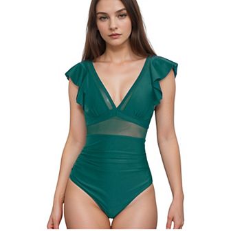 Women's One Piece Swimsuit with Mesh Waist Detail and Flutter Shoulder Straps