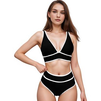 Women's High Waist Bikini Set with White Contrast Piping and Wide Band Triangle Top