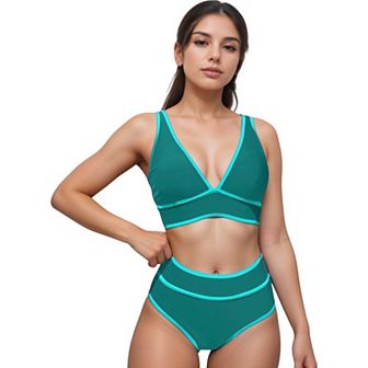 Women's High Waist Bikini Set with White Contrast Piping and Wide Band Triangle Top