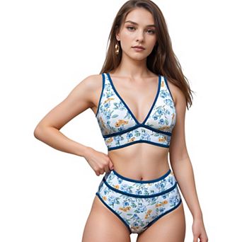 Women's High Waist Bikini Set with White Contrast Piping and Wide Band Triangle Top