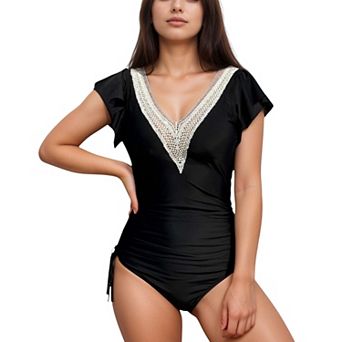 Women's One Piece Swimsuit with Crochet V-Neckline and Flutter Cap Sleeves