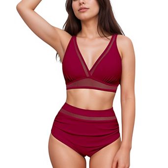 Women's Two Piece Swimsuit with Mesh Trim Deep V Neck Bikini Top and High Waisted Ruched Bottoms