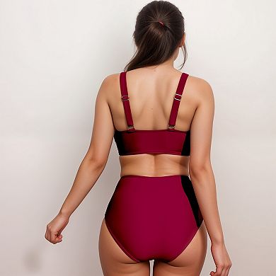 Women's Two Piece Swimsuit with Mesh Trim Deep V Neck Bikini Top and High Waisted Ruched Bottoms