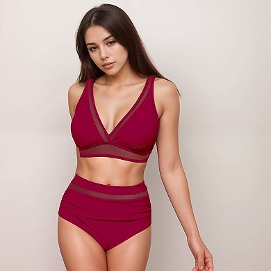 Women's Two Piece Swimsuit with Mesh Trim Deep V Neck Bikini Top and High Waisted Ruched Bottoms