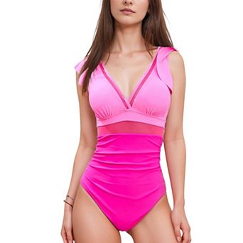 Women's Ruffle Sleeve One Piece Swimsuit with Deep V-Neckline and Mesh Waist Detail