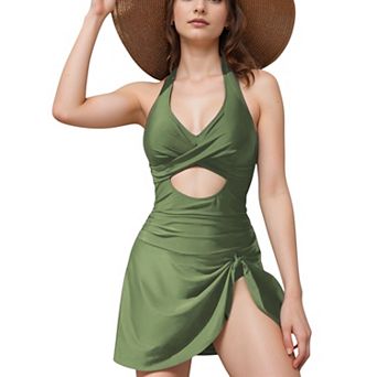 Women's One Piece Halter Swimsuit with Front Cutout and Attached Wrap Skirt Detail